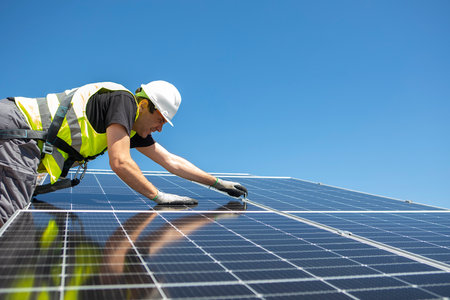 Photovoltaic plant worker installing solar photovoltaic panelsの写真素材