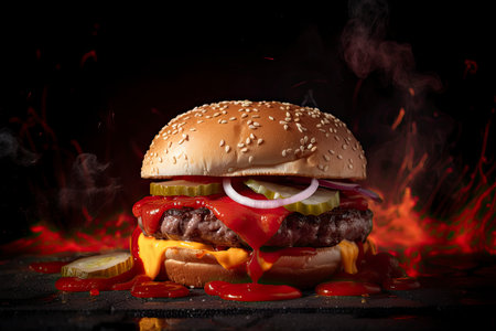 AI GENERATIVE, background of a delicious grilled burger . High quality illustrationの素材