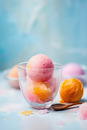 ai generative, two scoops of ice cream in a glass on a blue background . High quality illustrationの素材