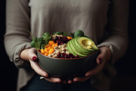 AI GENERATIVE, Healthy breakfast, Woman holds a bowl with a healthy breakfast of yogurt and fruit, with oat flakes Concept of clean diet, vegetarian, vegan food. High quality illustrationの素材