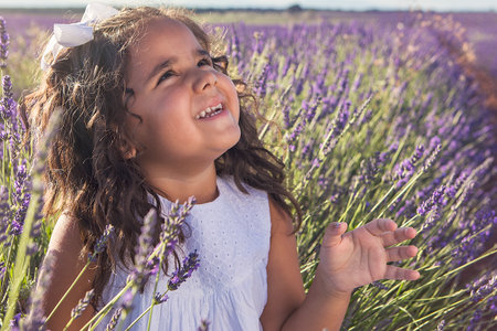 Beautiful girl in a field of lavender on sunset. family vacation concept. High quality photosの写真素材