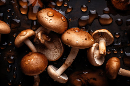 mushrooms on dark background, with visible drops of water, dark style, autumn concept, restoration concept. high quality illustrationの素材