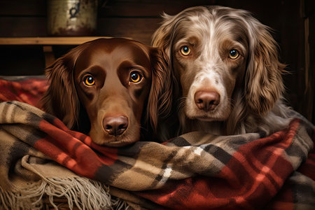 Brown and gray fluffy puppies are wrapped in warm colorful blankets, calendar background, pets background. . High quality photosの素材