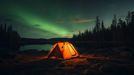 tent in the forest at night with northern lights. . High quality photosの素材