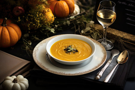 Pumpkin and carrot soup with creamy cream Thanksgiving fall food dish, on dark old wood background. autumn vegetables. High quality photosの写真素材