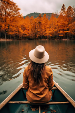 Rear view of a woman sitting in the boat enjoying a walk on the lake in autumn. High quality photosの素材