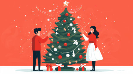 illustration of young family couple decorating christmas treeの素材