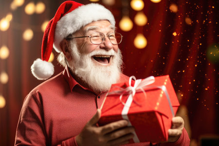 Happy old man in Santa Claus hat receiving Christmas present at home. Christmas concept. High quality photoの素材