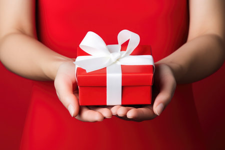 minimalist photo of hands with a red gift box, valentine's day concept. High quality photoの素材