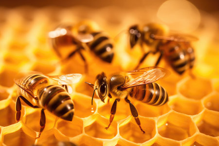 closeup of bees on honeycomb in apiary - selective focus, copy space. High quality photoの素材