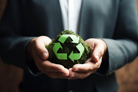 Businessman hand holding green ball with recycle logo. . High quality photoの素材