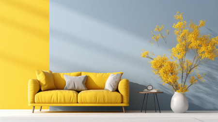 Living room wall mockup in bright tones with have sofa and plant with gray wall background. High quality photoの素材