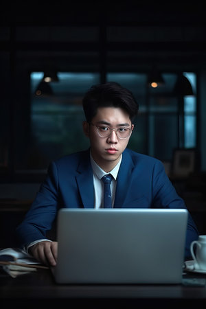 Asian businessman working on a laptop computer in the office. High quality photoの素材