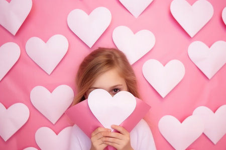 girl holding a red heart in front, valentine's day concept. High quality photoの素材