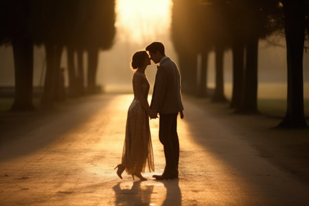 silhouette Young couple Hugging, kissing while celebrating Valentine's Day.の素材