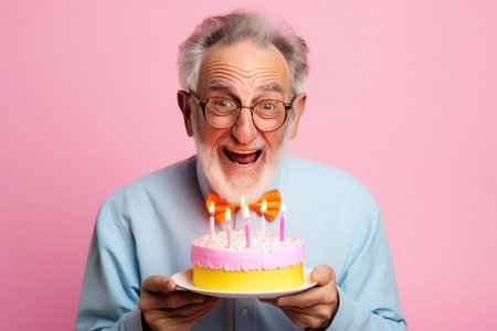 an elderly man blowing out the candles on his birthday cake with a pink background. High quality photoの素材
