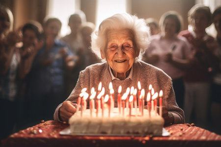 an elderly woman blowing out the candles of her birthday cake. High quality photoの素材