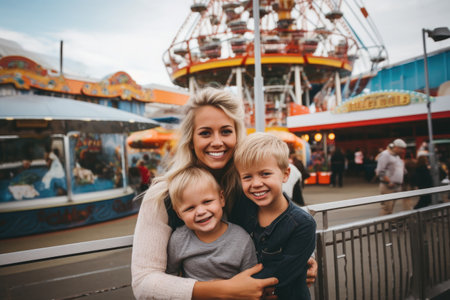 Mother and his son playing together outdoors at an amusement park. High quality photoの素材