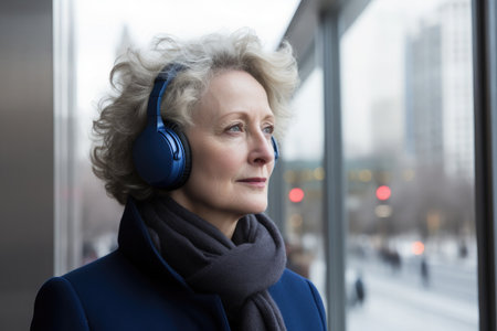 Mature woman, 50 years old, listening to music with wireless headphones at the international airport terminal. High quality photoの素材
