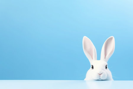Easter bunny on blue background. Easter vacation concept. High quality photoの素材