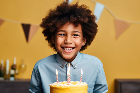 A smiling African American boy on his birthday is sitting in front of a cake with candles. High quality photoの素材