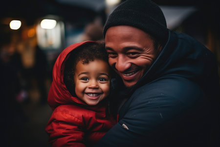 African American father and son chatting at home. Cheering. High quality photoの素材