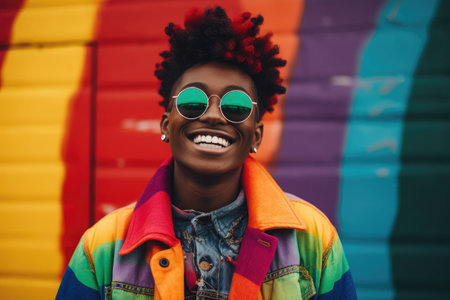 African-American girl with sunglasses smiling on colorful street wall. High quality photoの素材