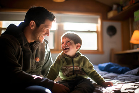 father and son chatting at home. Cheering. High quality photoの素材