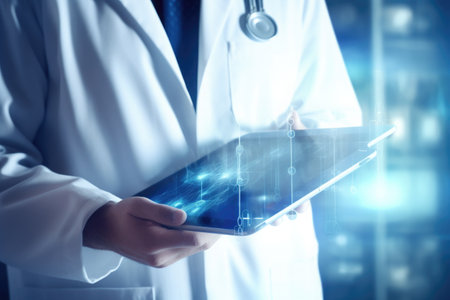 Close up of male doctor with tablet at doctor's office. High quality photoの素材