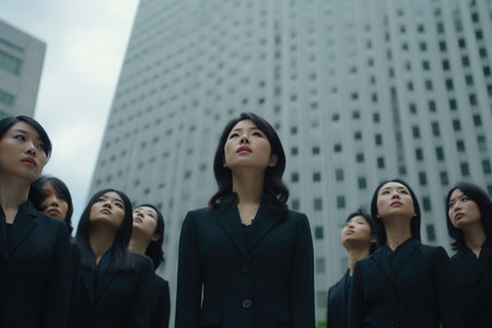 Group of Japanese businesswomen, standing facing each other. in the background the financial district. High quality photoの素材