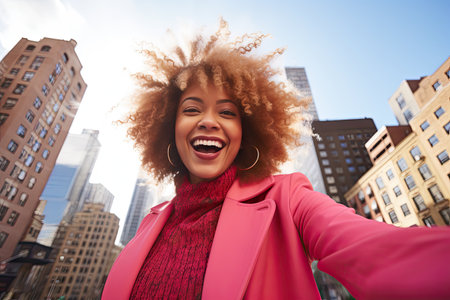 young african american woman curly hair smiling. High quality photoの素材