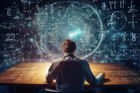 view from behind a human figure, visualizing a large technological screen. High quality photoの素材