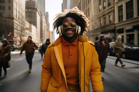 African-American boy with wireless headphones walking around the city.の素材