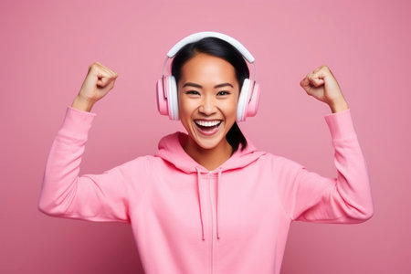 Motivated asian sporty asian woman shows her strength dressed in sportswear isolated on pink background copy space for promotional content. High quality photoの素材
