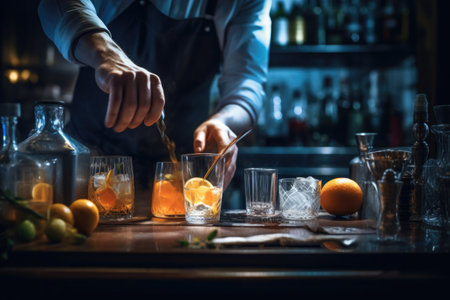 close-up of an unrecognizable bartender behind the bar preparing a cocktail,. High quality photoの素材