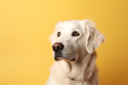 Beautiful golden retriever peeks cautiosly around the corner on yellow background. High quality photoの素材