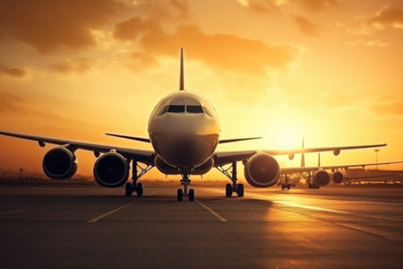 Airplane landing during beautiful sunrise in airport. . High quality photoの素材