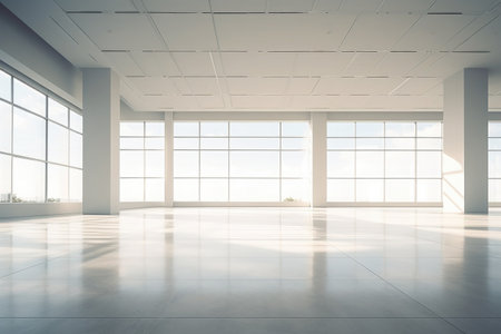 Clean empty concrete room interior with windows, city view, sunlight and shadows.の素材