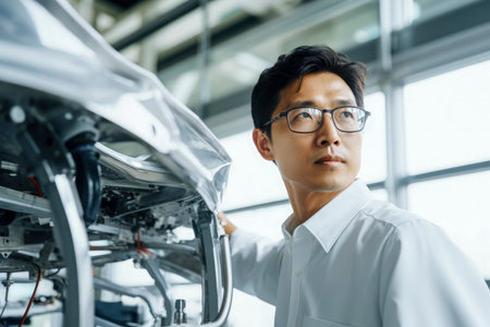 A Korean men automotive engineer wearing engineering goggles in car factory, close-up, Japanese minimalism factory, Mechanical arm, white wall,の素材