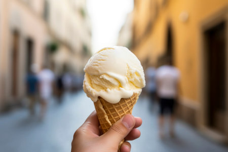 Hand holding ice create cone on summer holidays, concept travel, summertime concept