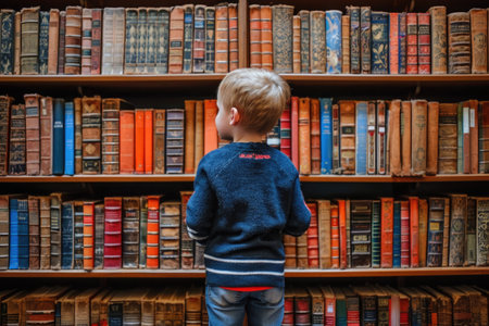 Back view of a child standing among many booksの素材