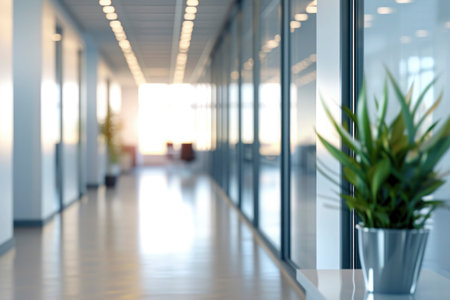 Nice modern office with beautiful long office corridor with defocused room backgroundの素材