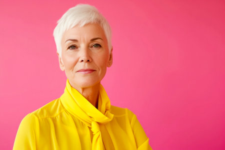 70 years old woman with short white hair, laughing happily on pink background,の素材