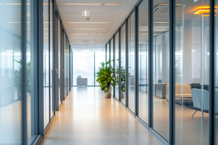 Nice modern office with beautiful long office corridor with defocused room backgroundの素材