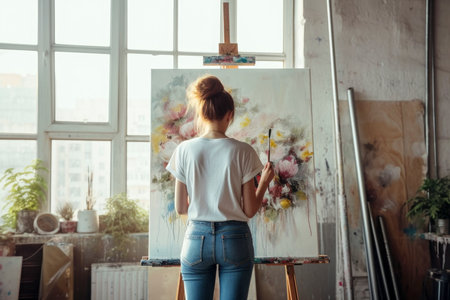 young woman artist standing in her studio painting a huge picture,の素材
