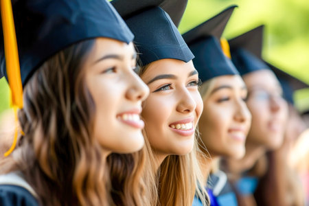 closeup portrait a group of university students at their graduation, with the graduation cap and gownの素材