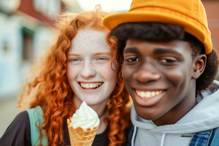 two teenage friends, a red-haired girl, an African-American boy, they are eating an ice cream cone, cheerful and fun attitude in the city,の素材