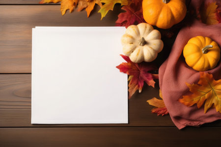 Autumn blank canvas mockup for artwork, poster frame. Thanksgiving day card mockup, DIY invitation, holidays preparation and creativity layout, canvas template, top view, flat lay. High quality photoの素材