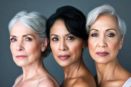 Portrait of multiracial women in studio looking at camera over gray backgroundの素材