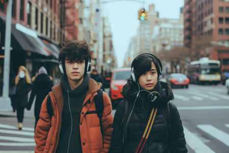 a young couple oriental teenage boy with wireless headphones listening to music is crossing a street.の素材